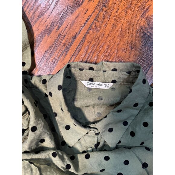 Stradivarius Womens L Green Black Polka Dot Long Puff Sleeve Blouse Button Down - Picture 3 of 8